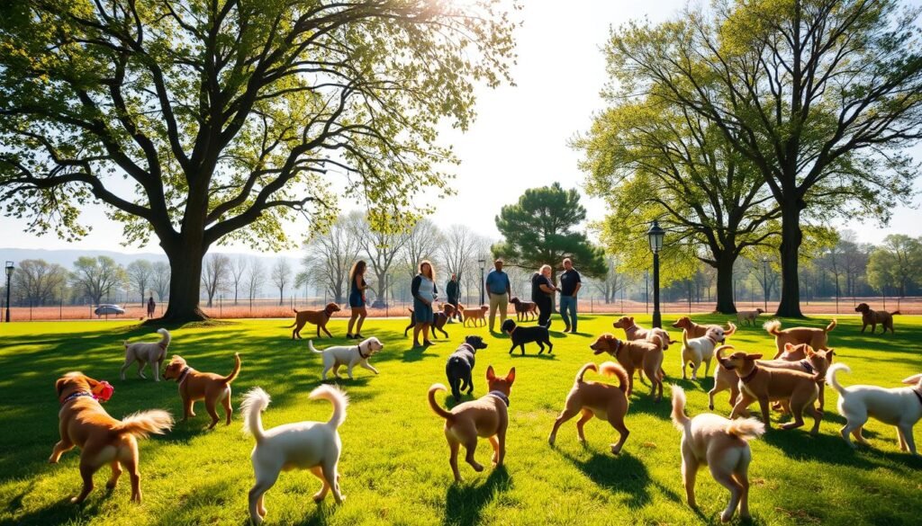 dogs playing at a dog park